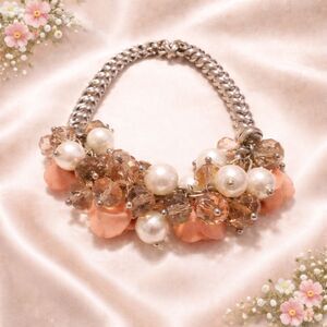 Faux Pearl Crystal and Flower Beaded Gold Tone Stretch Bracelet